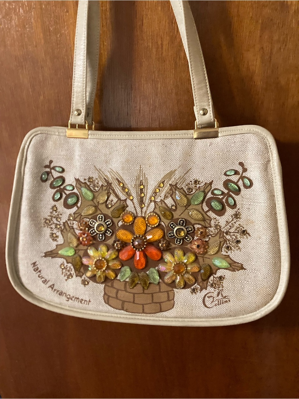 Enid Collins Natural Arrangement Floral Embellished Cream Tote Bag